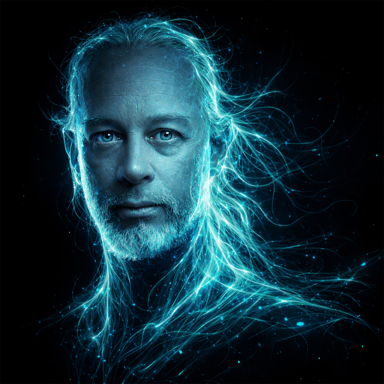 Portrait of Sonus Lucis, rendered in luminous blue light